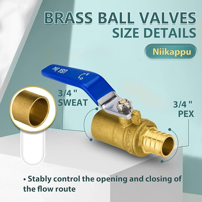 5 Pack Ball Valves, 3/4 Inch Pex B X 3/4 Inch Sweat Blue Shut Off Valve, No Lead Brass Full Port Pex Crimp Shut Off Ball Valve for Hot and Cold Water, ASTM F1807, NSF/ANSI 61 Certified