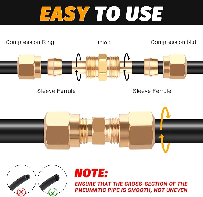 Air Brake Nylon Tubing Brass Union Fitting, 1/4" Air Compression Straight Union Fittings for Nylon Hose with D.O.T Approved (Pack 4)