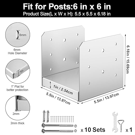 6"x 6" Post Base, 10Pcs Stainless Steel Adjustable Post Anchor Bracket(Internal 5.5 x 5.5), Adjustable Post Base for Pavilion Deck Porch Handrail Railing Support Decorative Anchor Plate