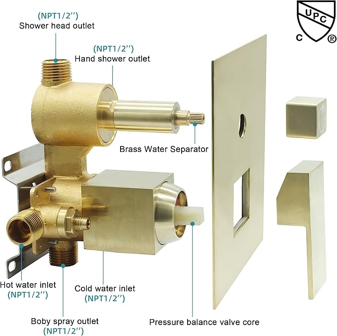 Brushed Gold 3 Way Shower Valve, Concealed Brass 3 Outlet Function Shower Diverter Valve Flow Control Mixer Mixing Rough-In Shower Valve Kit