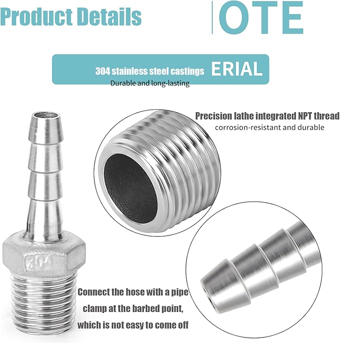 Hose Barb Fittings,304 Stainless Steel,1" Hose Barb to 1" Male NPT Male Thread Adapter Connector,Industrial Hose to Pipe Fittings Connect for Gas/Water/Oil.(2Pcs)
