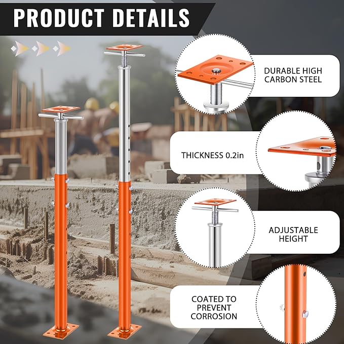 2 Pcs Adjustable Jack Post, 37"-61" Height Range, Basement Floor House Screw Jacks for Lifting Joist Beam Brace for Cellar Ceiling, Center Point Load Capacity 11023 Lbs, Orange