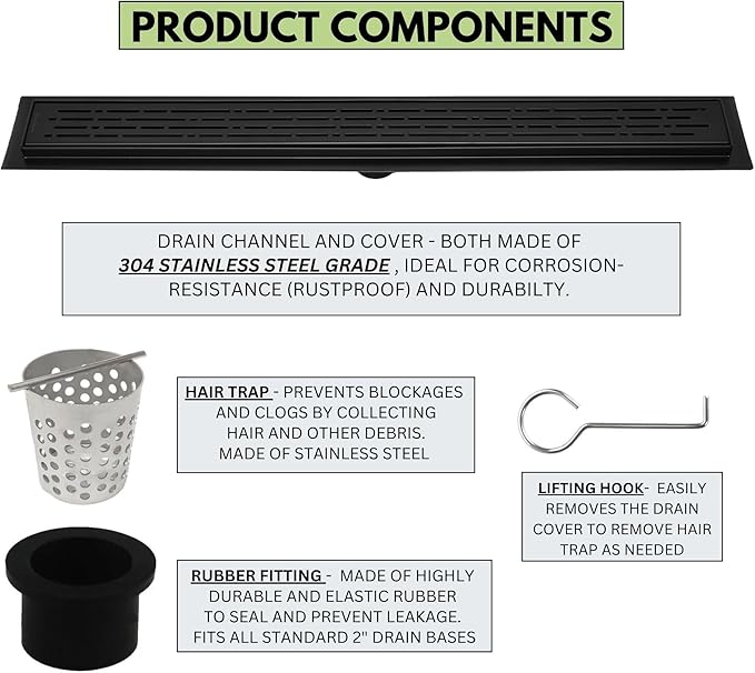 SereneDrains 304 Stainless Steel Linear Shower Drain 18 Inch Matte Black Shower Drain Kit for Tile Floor Long Hair Catcher Strainer Grate Cover Bathroom (Matte Black, 16 Inch)