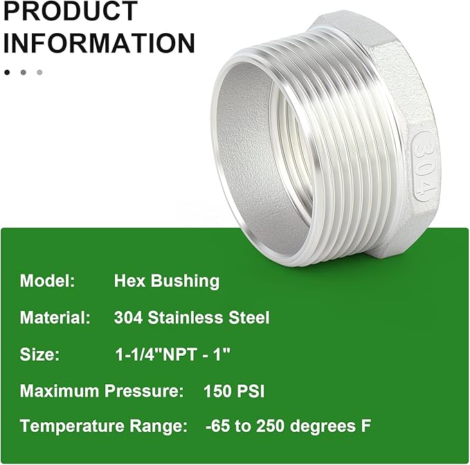TAISHER 2PCS 304 Stainless Steel Reducer Hex Bushing, 1-1/4" NPT Male x 1" NPT Female, Reducing Pipe Adapter Fitting