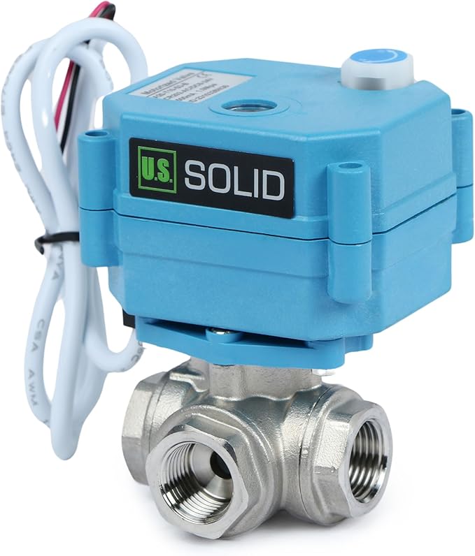 U.S. Solid 3/8" 3 Way Stainless Steel Motorized Ball Valve L Type AC/DC9-24V, Water Shutoff Valve with Manual Function, Standard Port