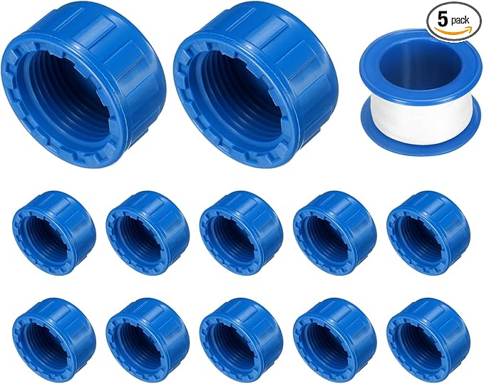 uxcell 5Pcs 3/4 Inch PT Female Thread PVC Pipe Fitting Cap, Cleanout Water Drain End Caps, Pipe Plug Socket Fittings with Tape for Water Heater Supply Lines, Plumbing, Blue