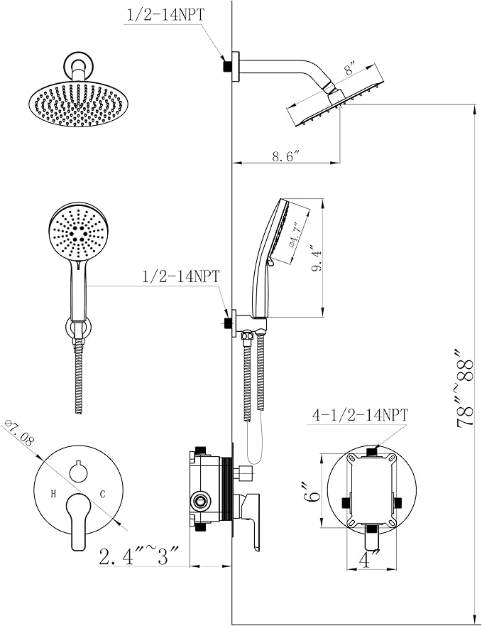 Shower Faucet Set 8IN Brass Rough-In Valve Body Trim Kit Rainfall Included Handle Accessories Complete 2 Functions with Rain Head and Handheld Bathroom Systems (8'', Brushed Nickel)