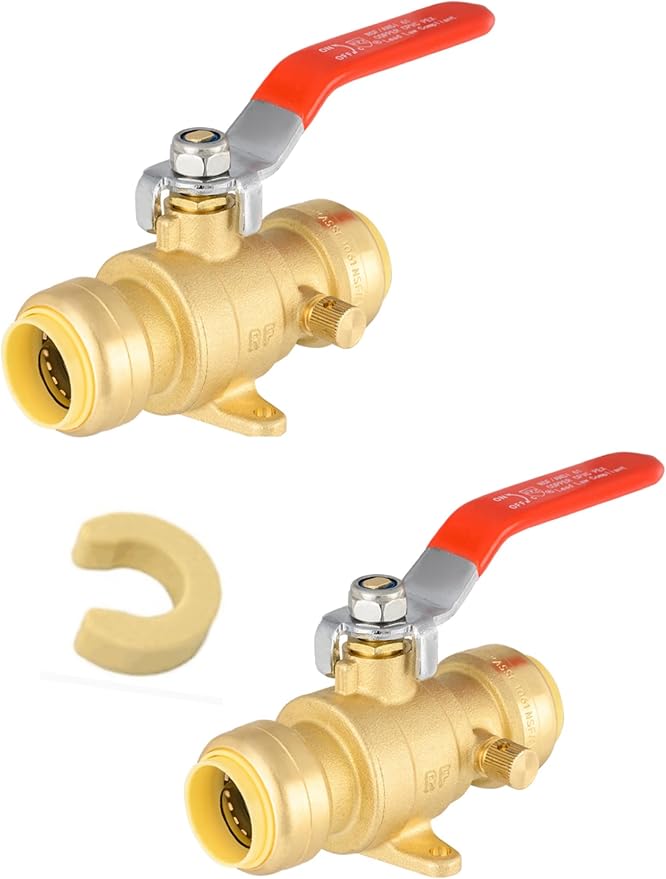 (Pack of 2) EFIELD 1/2 Inch Push-Fit Full Port Drop Ear Brass Ball Valve with Drain, Disconnect Clip Tool, UPC Certified,(PF-VALVE070-2PCS)