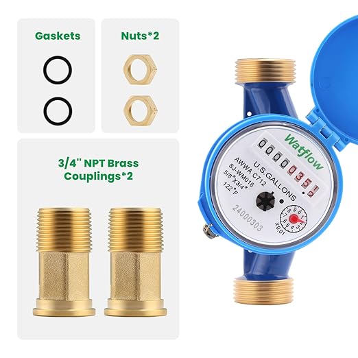 Watflow DN20 Water Meter 3/4" NPT, AWWA C712 Certification Gallon Water Flow Meter, Cold Water Meter for Garden/Home/Apartment, Horizontal Install.