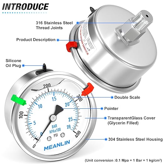 MEANLIN MEASURE 0~400Psi Stainless Steel Liquid Filled Pressure Gauge 2.5" FACE DIAL 1/4" NPT for Air Compressor Air Regulator Water Filter Back Mount with Stainless Steel Hex Bushing and Snaps