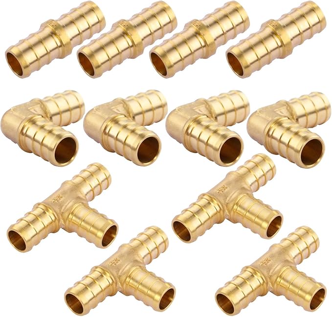 1/2 inch T PEX Tee & 90 Degree Elbow & Straight Coupling 1/2" (pack of 12) Lead-Free Brass Barb Crimp Pipe Fitting/Fittings