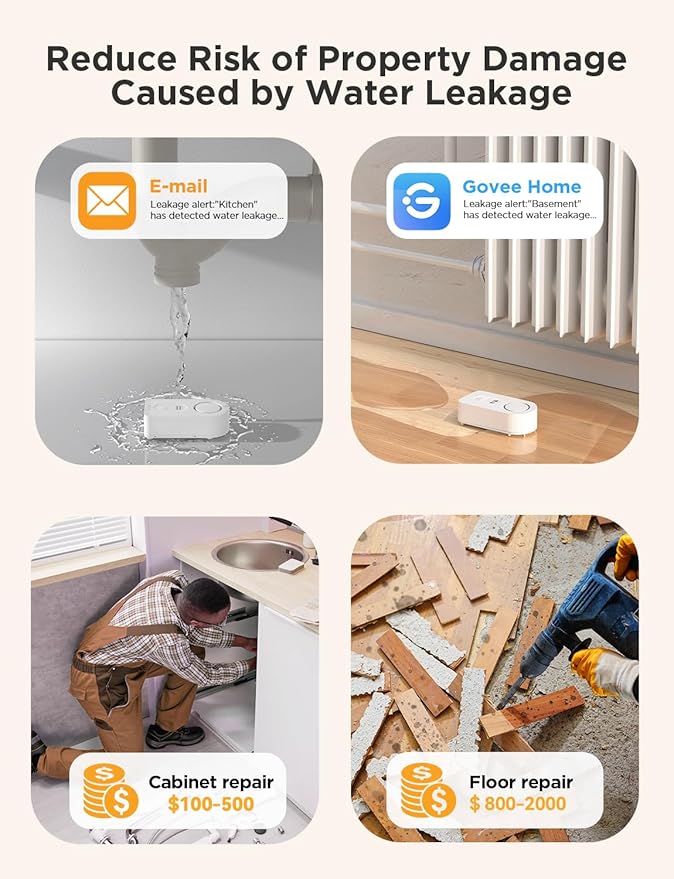 Govee WiFi Water Sensor 1 Pack, Smart Water Leak Detector, 100dB Adjustable Alarm Suit for Home and Basement, Water Leak Alert with Email & APP Push (Only Support 2.4G Wi-Fi)