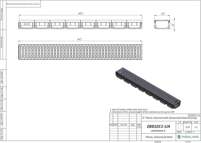 Vodaland - 4 Inch Easy 2 Premium Trench Drain Channel - Galvanized Stamped Steel Grating (3)