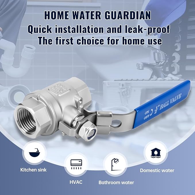 2 Pack 1/2'' Ball Valves NPT Female Stainless Steel 304 Full Port 1/2 Inch Ball Valve with Locking Handle, Heavy Duty Shut Off Valve for Home and Industrial(1/2 Inch)