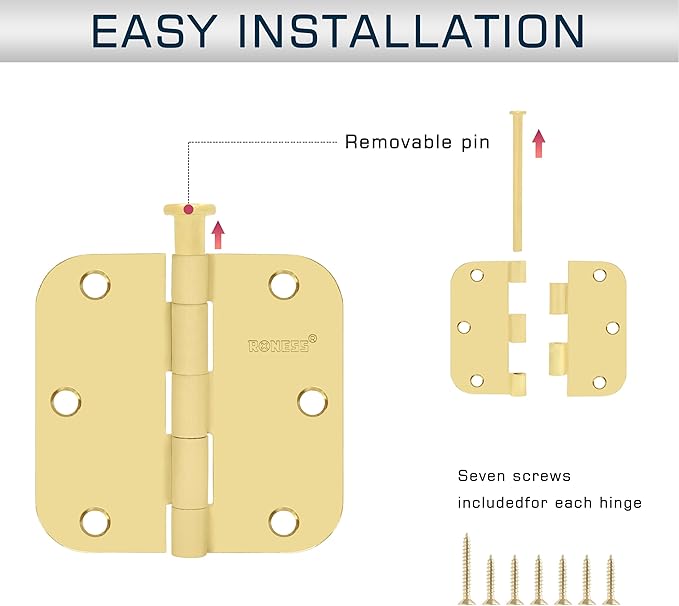24 Pack Polished Gold Door Hinges 3.5 Inch, 5/8" Radius Rounded, Standard Residential for Doors 3 ½",Sturdy Hinges, Interior Hinges