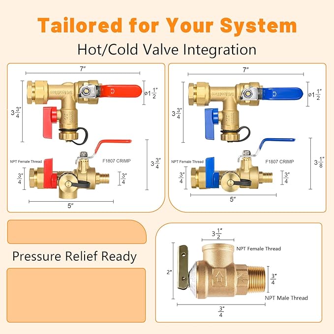 (Set of 1 Kit) HeSun 3/4" FIP X 3/4" PEX-B Crimp IPS Isolator Tankless Water Heater Service Valve Kit, with Pressure Relief Valve (TOOL053)
