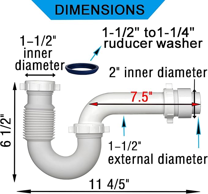 (1 Pack) Yariwiz White P Trap 1 1/2 Inch for Bathroom Kitchen Sink Drain Pipe Tubular Kit with Adjustable J-bend, White Threaded Adapter and Blue TPE Washer KSD-004W