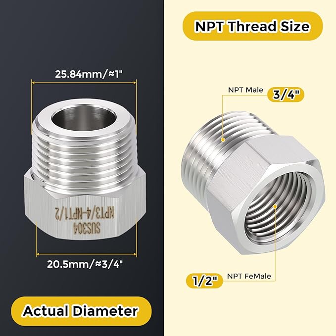 METALLIXITY 2PCS 3/4" Male NPT x 1/2" FeMale NPT Thread 304 Stainless Steel Hex Bushing Extension Tube Adapters Convert for Water Tub Spout/Shower