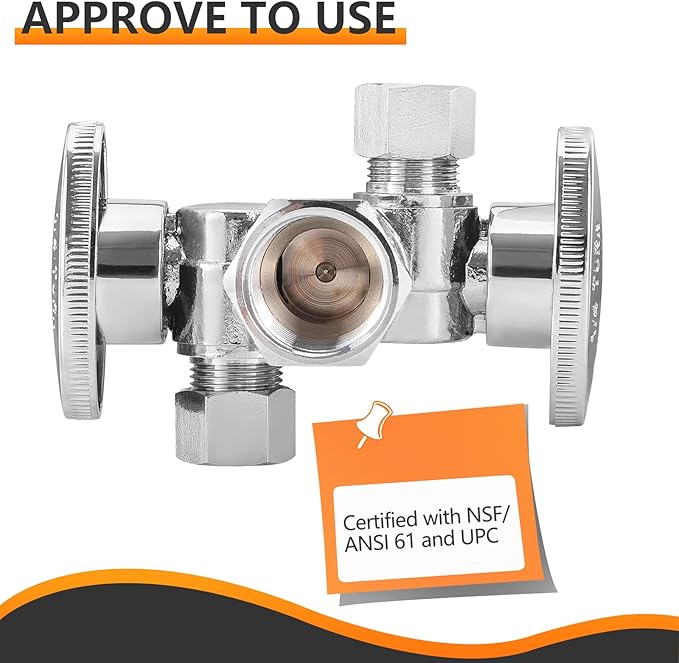 5-PCs HeSun Dual Shut Off Angle Valve, 1/2" FIP x 3/8" OD x 3/8" OD Compression, 1/4-Turn Stop Valve with 2 Shut Offs, PEX Chrome Plated Brass(VALVE140-5)