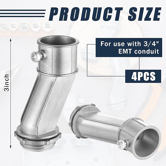 4 Pack 3/4 inch Emt to Box Offset Connector with Set Screw and Lock-nut 3/4 Conduit Fittings for 3/4 Inch Electrical Fittings Galvanized Steel Emt Conduit Screw Connector