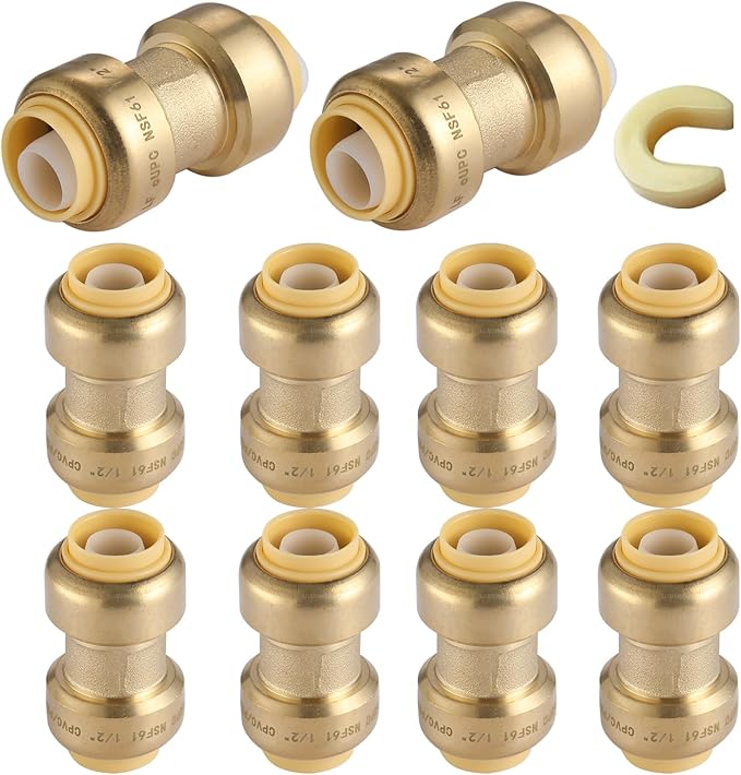10 Pack 3/4 Inch Pushfit Straight Coupling, PEX Brass Push-fit Coupling with Disconnect Clip, Push-to-Connect Plumbing Fittings for PEX, Copper, CPVC