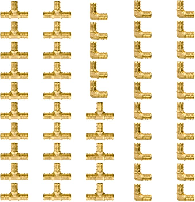 SUNGATOR 1/2 inch Pex Fittings, 50-Pack Brass Crimp Fittings, 90 Degree Elbow (25 PCS) + Tee (25 PCS) Kit, No Lead Pipe Connector