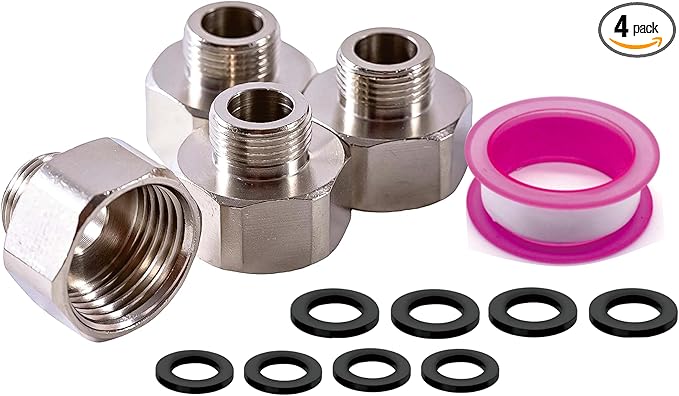 4 PCS brass Water Line Adapter, Pipe Fittings in 1/2" Female to 3/8" Male Reducer Adapter, Compression Fitting for Kitchen Bathroom Faucet Supply Hose, Pipe Connector With Rubber Washer