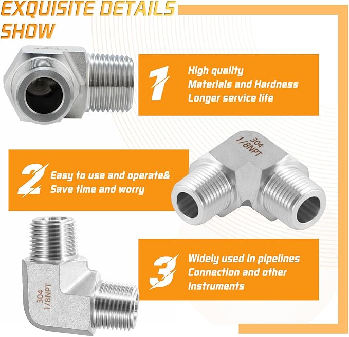 Stainless Steel Pipe Fitting 90 Degree Barstock Street Elbow 3/8" NPT Male x 3/8" NPT Male 2 Pack