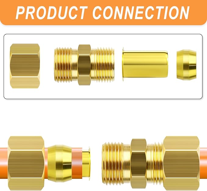 GASHER 100PCS Brass Compression Fitting, Brass Compression Insert Tube Support 1/2" Tube OD