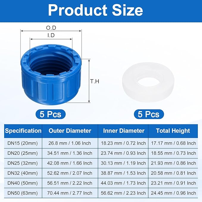 uxcell 5Pcs 1/2 Inch PT Female Thread PVC Pipe Fitting Cap, Cleanout Water Drain End Caps, Pipe Plug Socket Fittings with Gasket for Water Heater Supply Lines, Plumbing, Blue