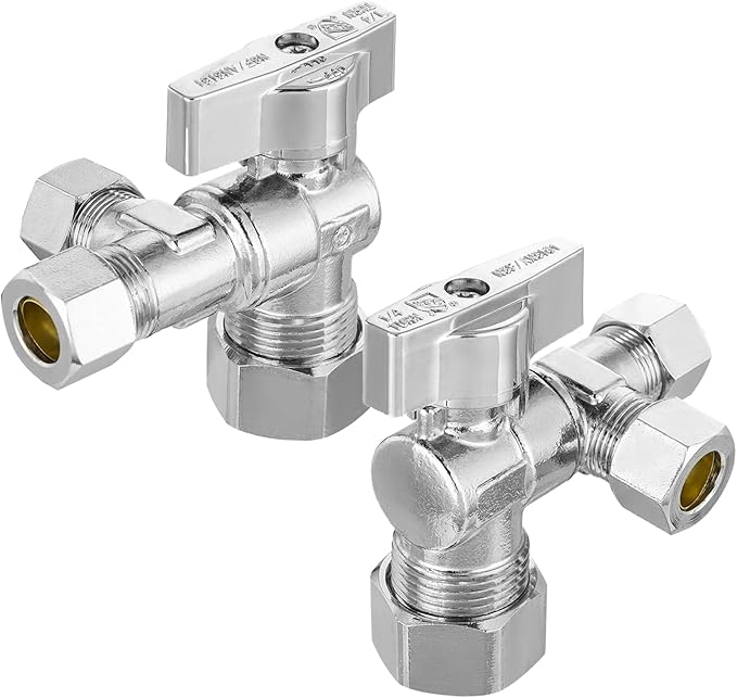 2-PC HeSun Quarter-Turn Compression Angle Valve, 1/2" Nominal (5/8"OD) x 3/8" OD x 3/8" OD, Dual Compression Outlet Shut Off Valve, Chrome Plated Brass(VALVE206)