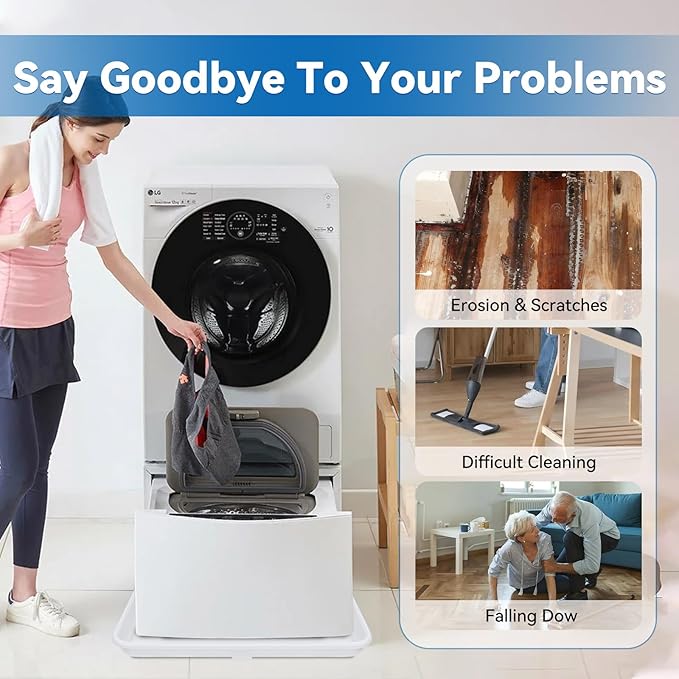 Washing Machine Drain Pan, Features a Heavy Durable Plastic Construction,Protects Floors from Leaksf,Size 30X32 Including 1" Drain Fittings(White)