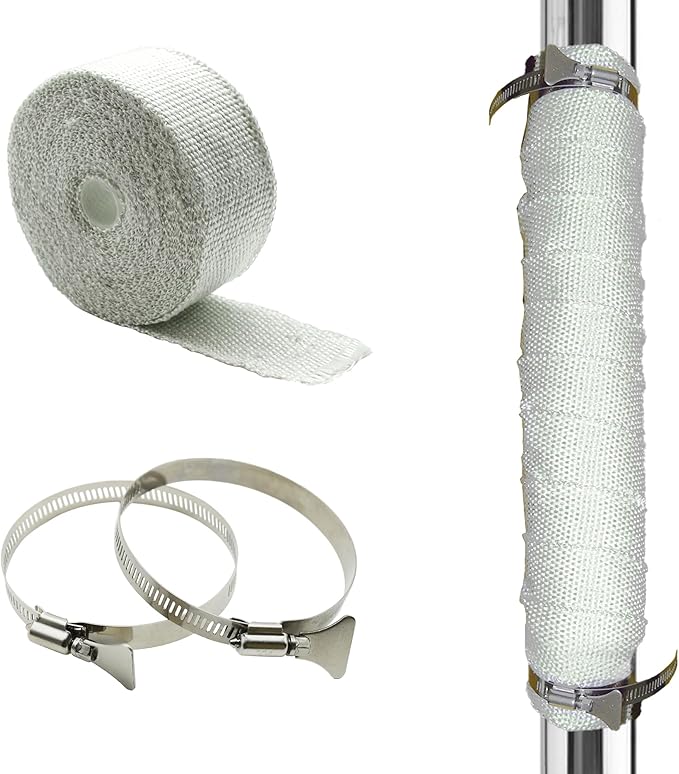 DOBTIM Fireproof Pipe Wrap Insulation 2" Wide X 32' Long, Fiberglass Heat Shield Tape Pipe Webbing for Stove Flue Protector with 2 Clamps, White