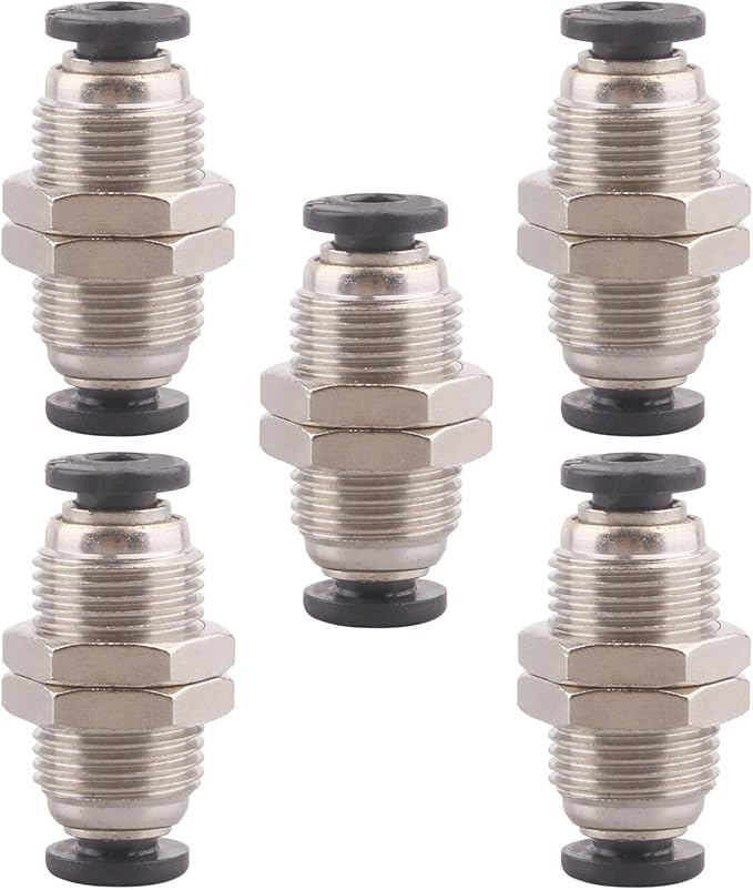 Bulkhead Union Push to Connect Tube Fitting 5/32 Inch Tube OD Double Threaded (5 Packs)