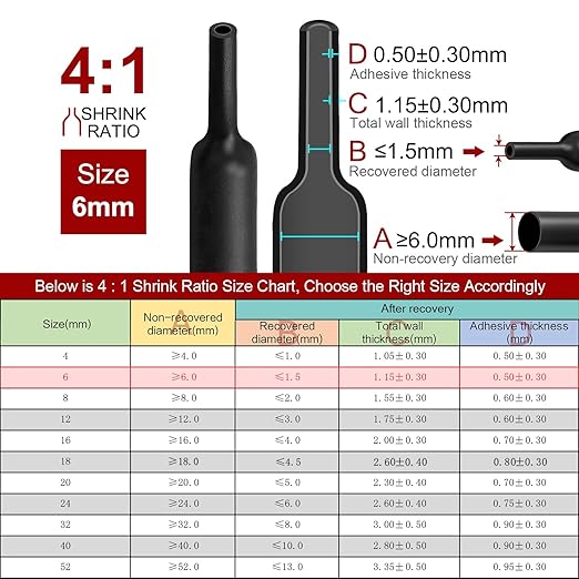 Chanzon 4:1 Ratio 1/4" (6mm) Heat Shrink Tubing - Marine Grade Waterproof Adhesive Lined - 8Ft Roll (2.5M Total Length) Black Polyolefin Sleeving Wrap Shrinking 4 to 1 Ratio 1pcs