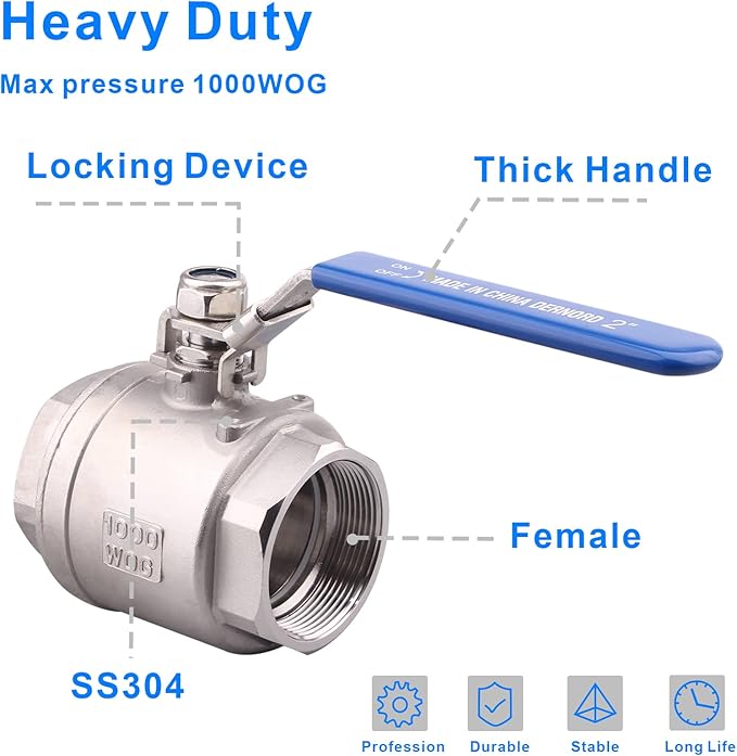 DERNORD Stainless Steel 304 Ball Valve, Full Port Heavy Duty for WOG with Locking Device (2" NPT)