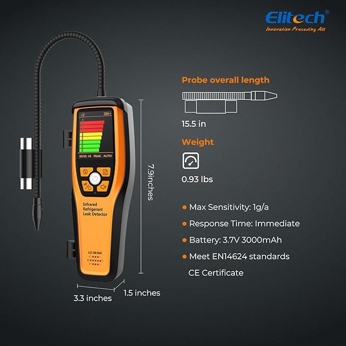 Elitech Infrared Refrigerant Leak Detector ILD-200 max High-Precision HVAC/R Leak Detection, 10-Year Sensor Lifetime, 1g/a Ultra-Low Detection, 4 Sensitivity Levels, TFT Display & Sound Alarm