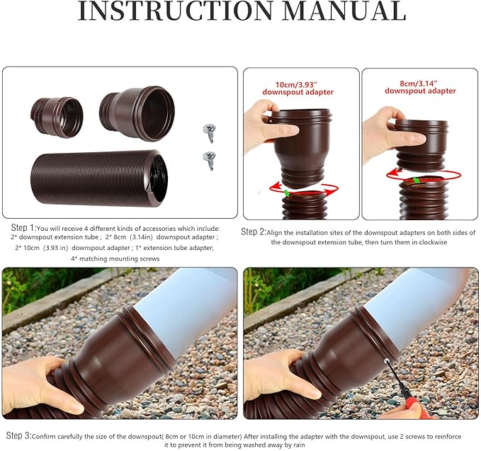 Tyenaza Rain Gutter Downspout Extension, Drainage Pipe, Flexible PE Extendable Drain Away Extender for Outdoor Villa Round (Brown)