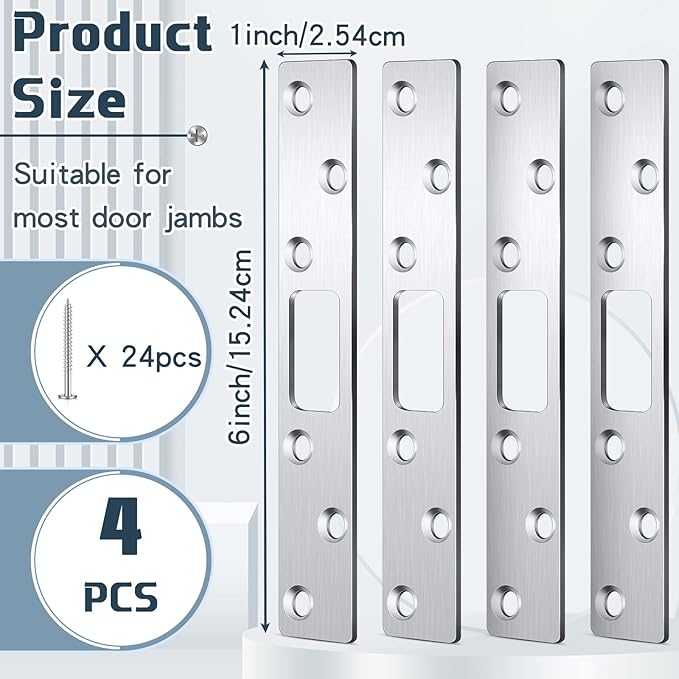 4 Pcs 6 Inch Door Strike Plate Security Latch Strike Stainless Steel Door Reinforcement Plate with Screws for Exterior Deadbolt Armor Heavy Duty Residential Use, Silver(Sliver)