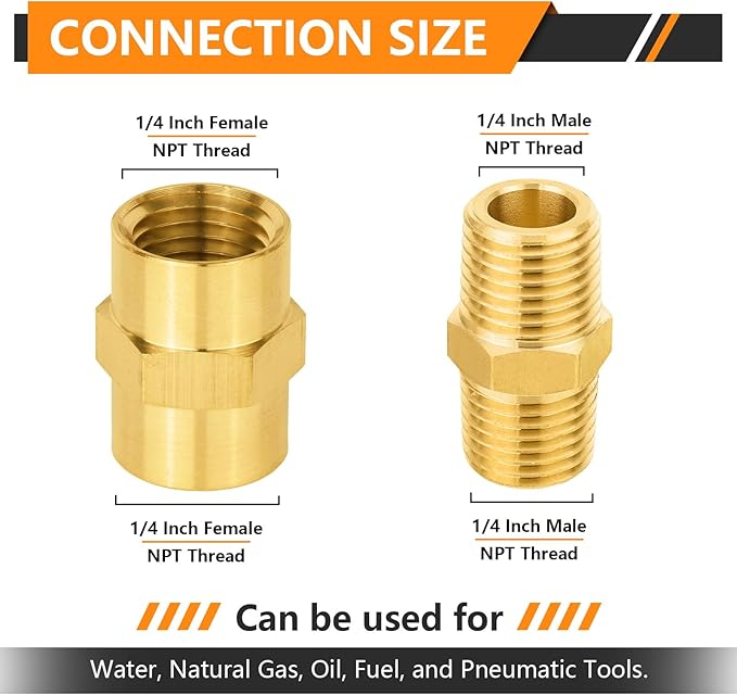 40-PCs HeSun Brass Pipe Fittings Combo, 20-PCs 1/4" NPT Male + 20-PCs 1/4" NPT Female Hex Nipple Adapter