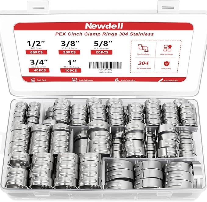 Newdeli 150Pcs Pex Crimp Rings 3/8" 1/2" 3/4" 5/8" 1" PEX Clamps Single Ear Hose Clamps Pex Fittings Cinch Pinch Clamp for Pipe Tubing Connections