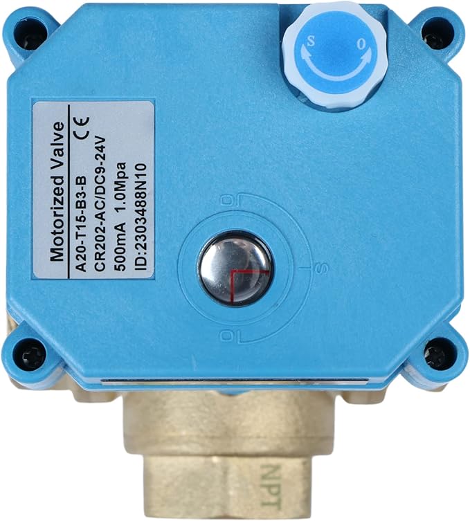 U.S. Solid 1/2" 3 Way Brass Motorized Ball Valve L Type AC/DC9-24V, Water Shutoff Valve with Manual Function, Standard Port, NOT for Drinking Water