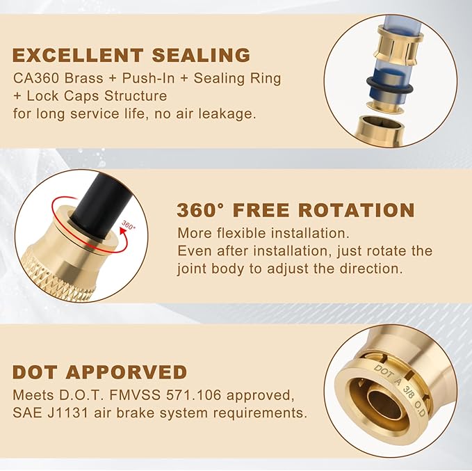 3/8" Quick Push to Connect Fittings Brass Union Straight Joint DOT Approved 3/8 inch tube OD Air Line Adapter Air Spring Suspension Kit for Car Truck Trailers and Air Brake System 10pcs