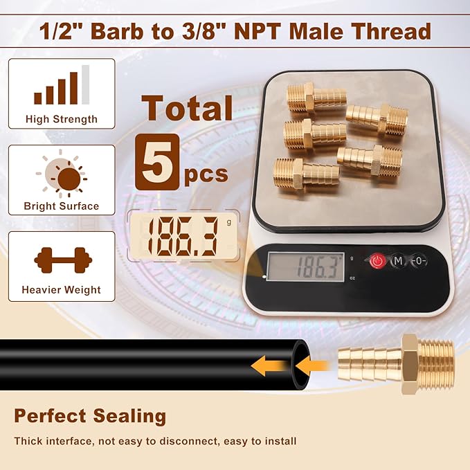 5pcs Brass Hose Barb Fittings 1/2 Inch to 1/2 Inch NPT Male Thread Adapter Connector for Air, Water, Fuel Line - 1/2" Barb 1/2" NPT