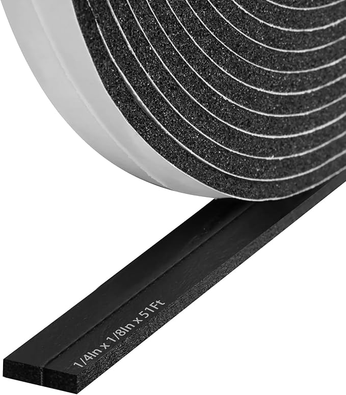 Storystore Foam Insulation Tape Self Adhesive, 1/4In x 1/8In x 51Ft Weather Stripping for Doors and Windows, Sound Proof Soundproofing Door Seal, Weatherstrip, Air Conditioning Seal Strip