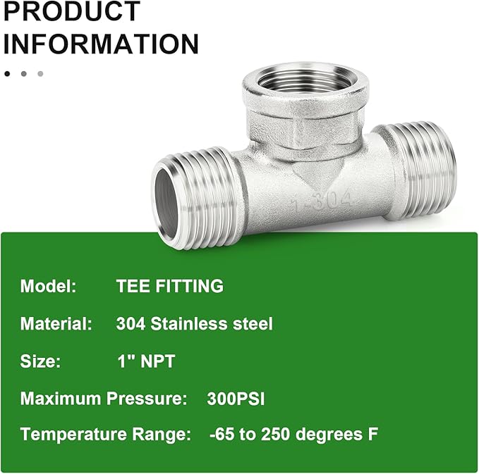 TAISHER 2PCS 304 Stainless Steel Tee Pipe Fittings, 1" NPT Male x 1" NPT Female x 1" NPT Male Pipe Fittings, Female Branch Tee