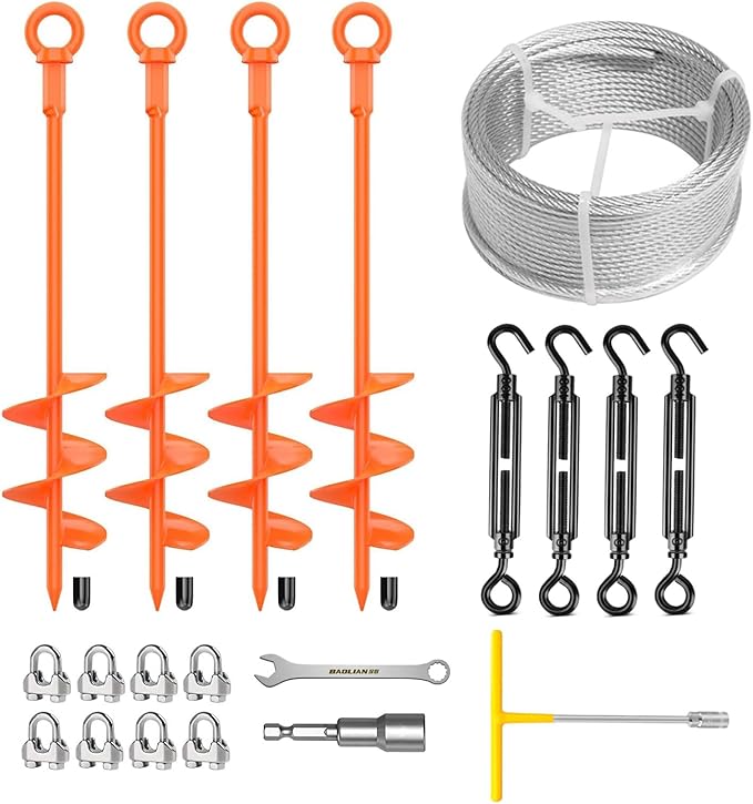 4 Pack 18" Fully Welded Ground Anchors Shed Anchor Kit with 1/8" Galvanized Cable, Heavy Duty Earth Anchors High Wind Screw in for Trampoline Swingset Tent Greenhouses (Orange)
