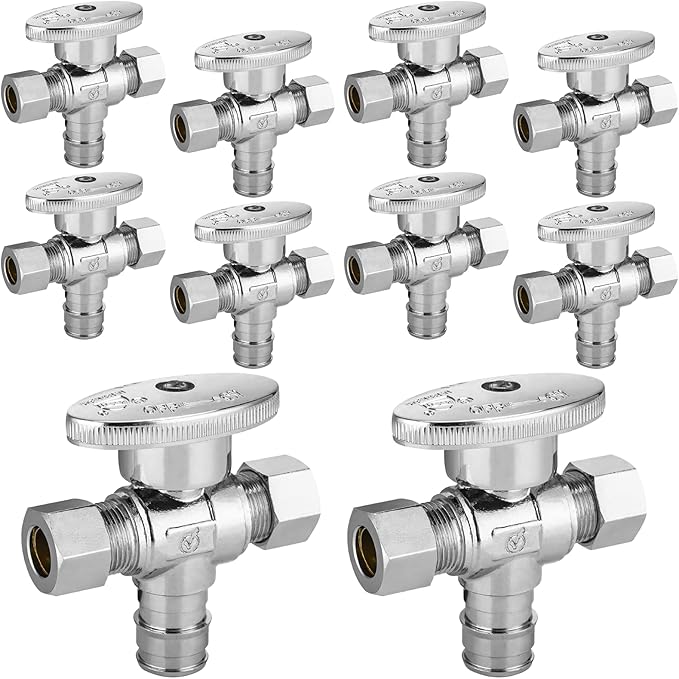 10-PCs HeSun Dual Compression Outlet Angle Stop Valve, 1/2" PEX-A Expansion x 3/8" OD Comp x 3/8" OD Comp, 1/4-Turn Shut Off Valve for Bathroom, ASTM F1960(VALVE128-10)