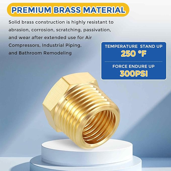 4 Pack Brass Pipe Fittings, 3/8" NPT Male to 1/4" NPT FeMale Brass Hex Bushing Reducer, Hose Tube Threaded Adapter for Air, Oil, LP