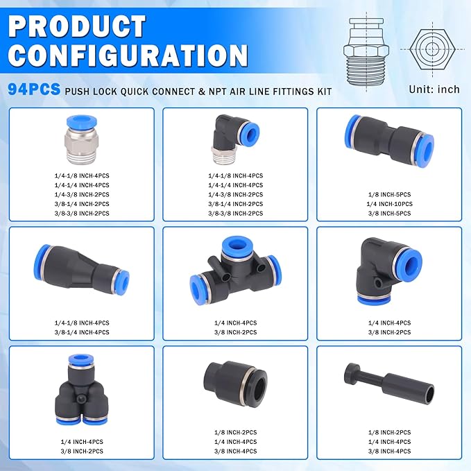 94 Pcs Quick Connect Air Line Fittings Kit Pneumatic Push Lock Air Fittings 1/8",1/4",3/8" Push to Connect & NPT Thread Air Hose Fittings Quick Release Airline Fitting Kit